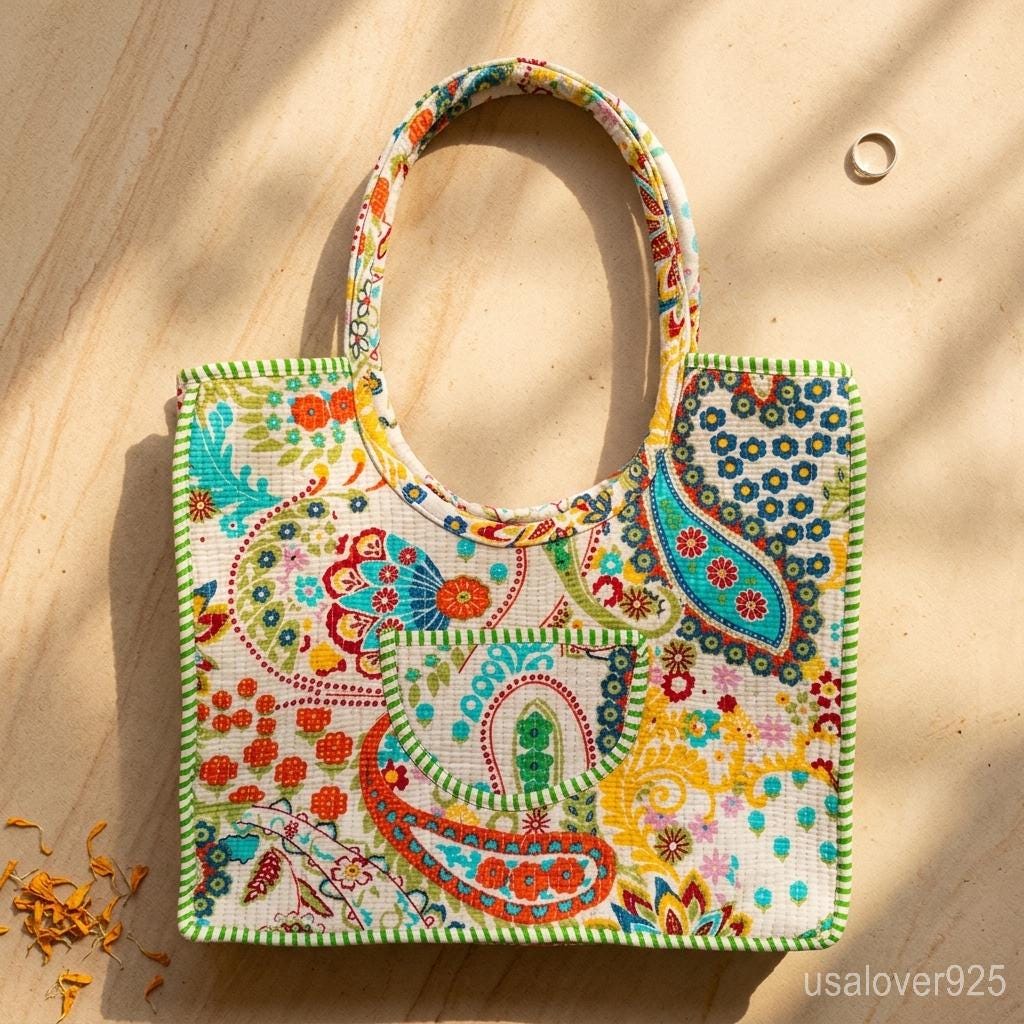 Floral Quilted Cotton Tote Bag, Handmade Indian Block Print Shoulder Shopper, Travel Carryall Gift