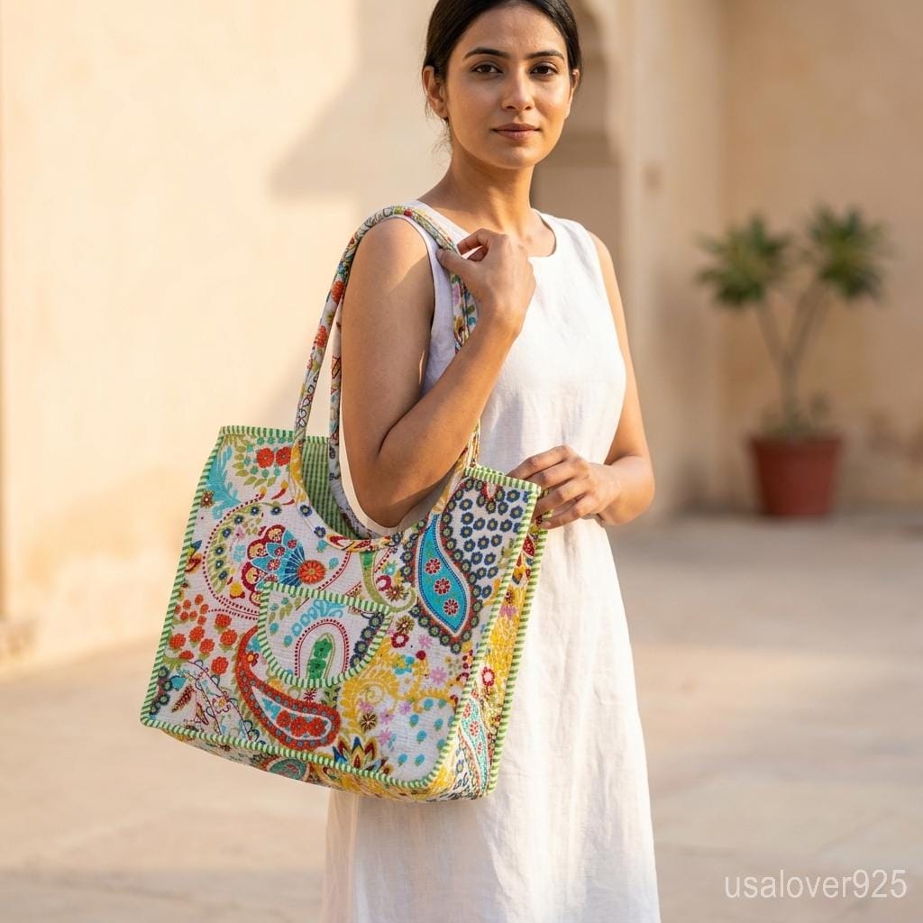 Floral Quilted Cotton Tote Bag, Handmade Indian Block Print Shoulder Shopper, Travel Carryall Gift