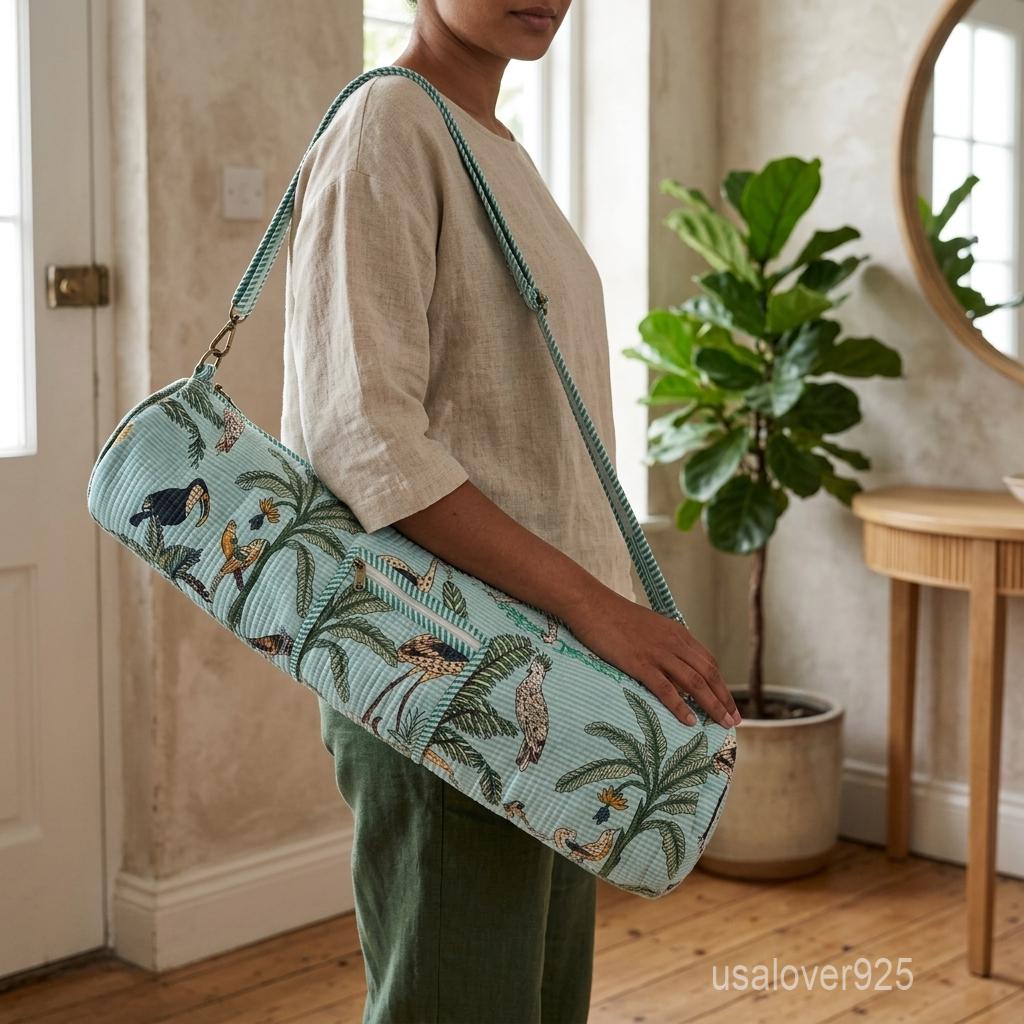 Handblock Printed Cotton Yoga Mat Bag, Mint Green Palm Toucan Carrier, Quilted Crossbody Holder