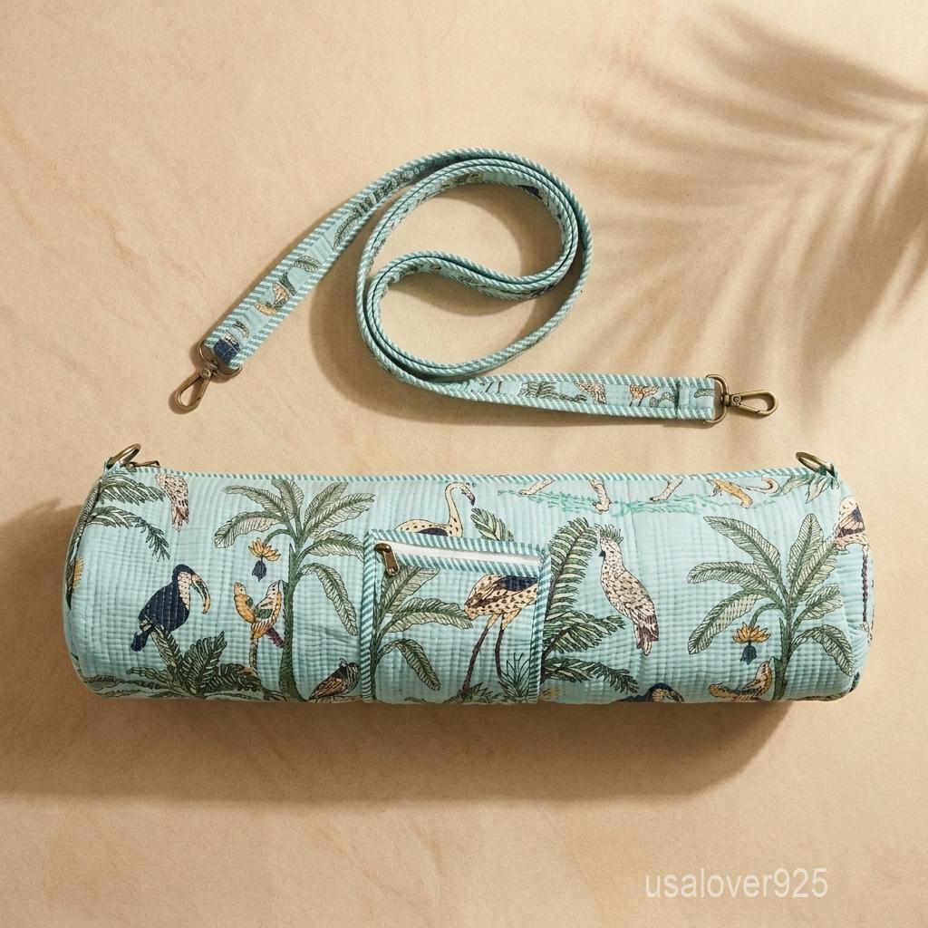 Handblock Printed Cotton Yoga Mat Bag, Mint Green Palm Toucan Carrier, Quilted Crossbody Holder
