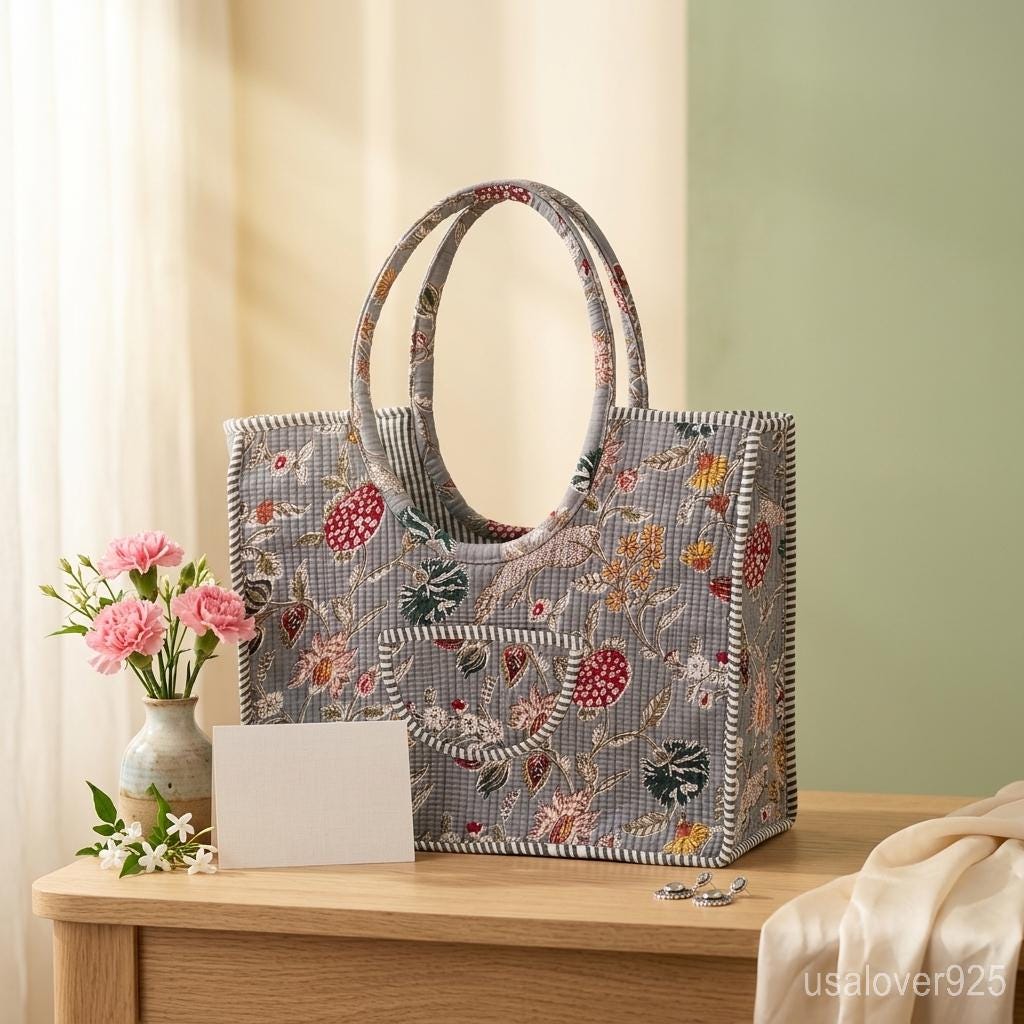 Handmade Quilted Cotton Tote Bag, Grey Floral Block Print Shoulder Bag, Travel Shopping Carryall