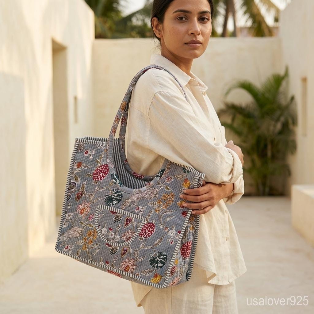Handmade Quilted Cotton Tote Bag, Grey Floral Block Print Shoulder Bag, Travel Shopping Carryall
