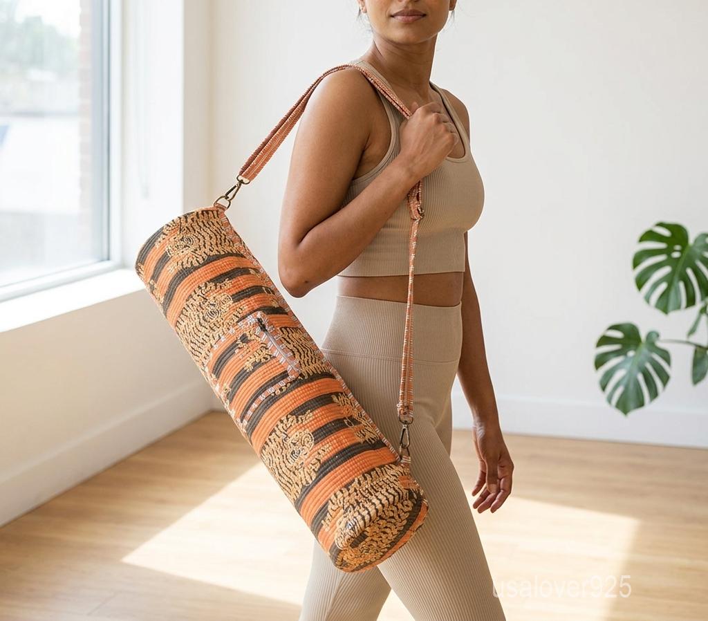 Handblock Printed Cotton Yoga Mat Bag, Orange Tiger Stripe Carrier, Quilted Crossbody Mat Holder