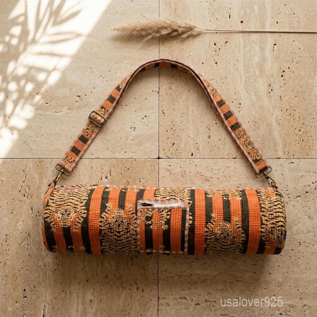 Handblock Printed Cotton Yoga Mat Bag, Orange Tiger Stripe Carrier, Quilted Crossbody Mat Holder