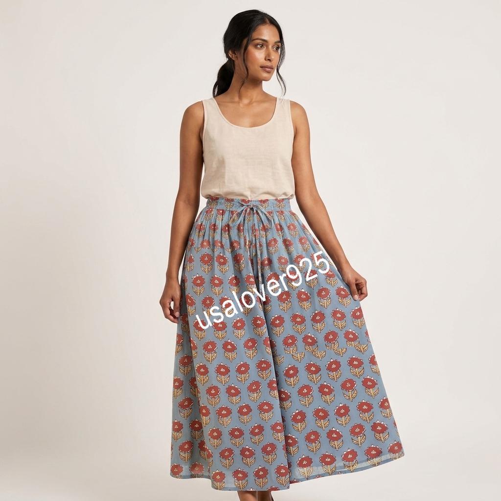 Block Printed Cotton Maxi Skirt, Blue Floral Boho Summer Beach Style