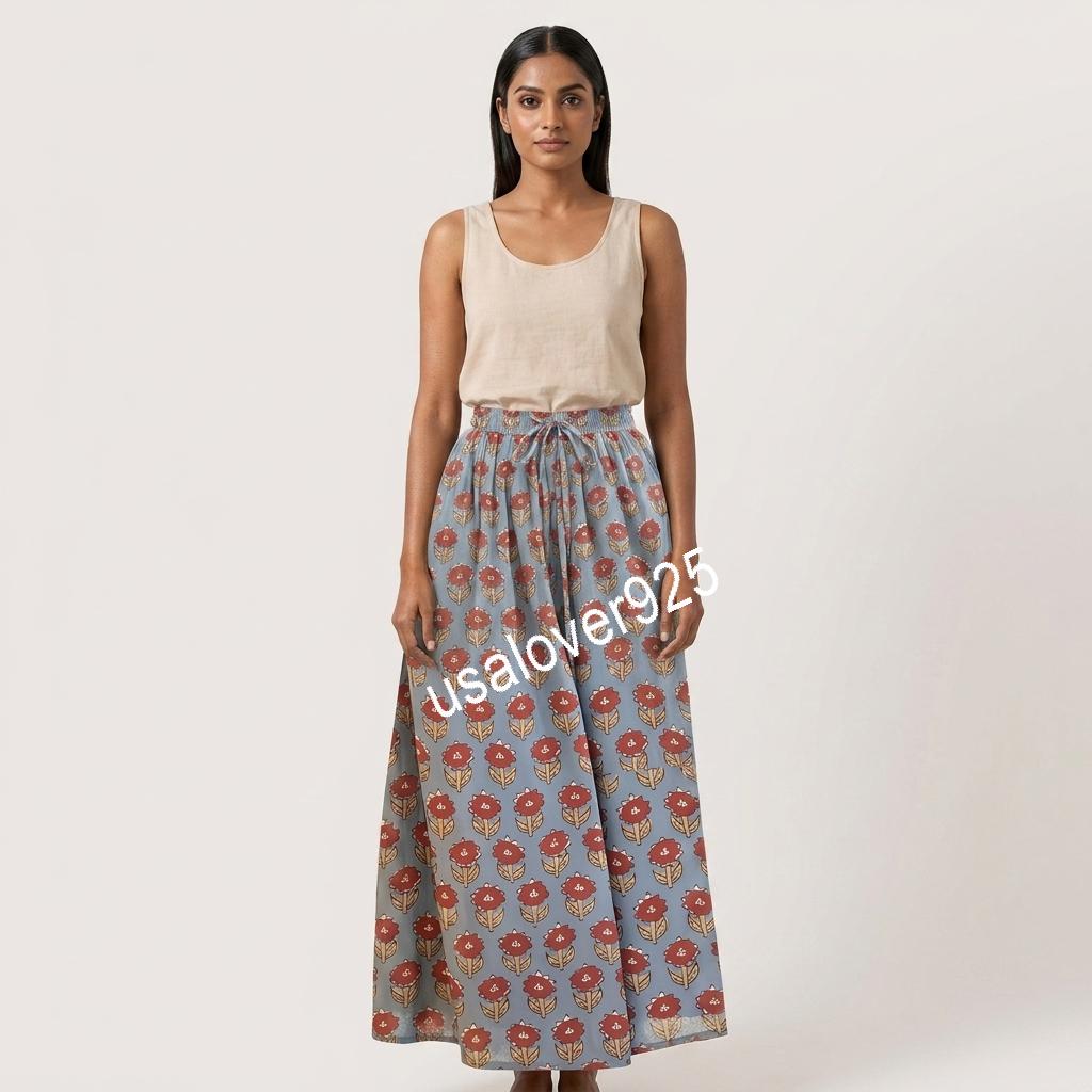 Block Printed Cotton Maxi Skirt, Blue Floral Boho Summer Beach Style