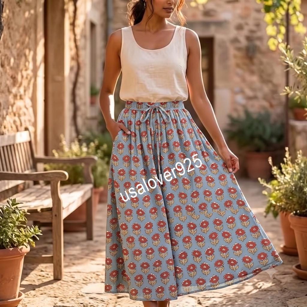 Block Printed Cotton Maxi Skirt, Blue Floral Boho Summer Beach Style