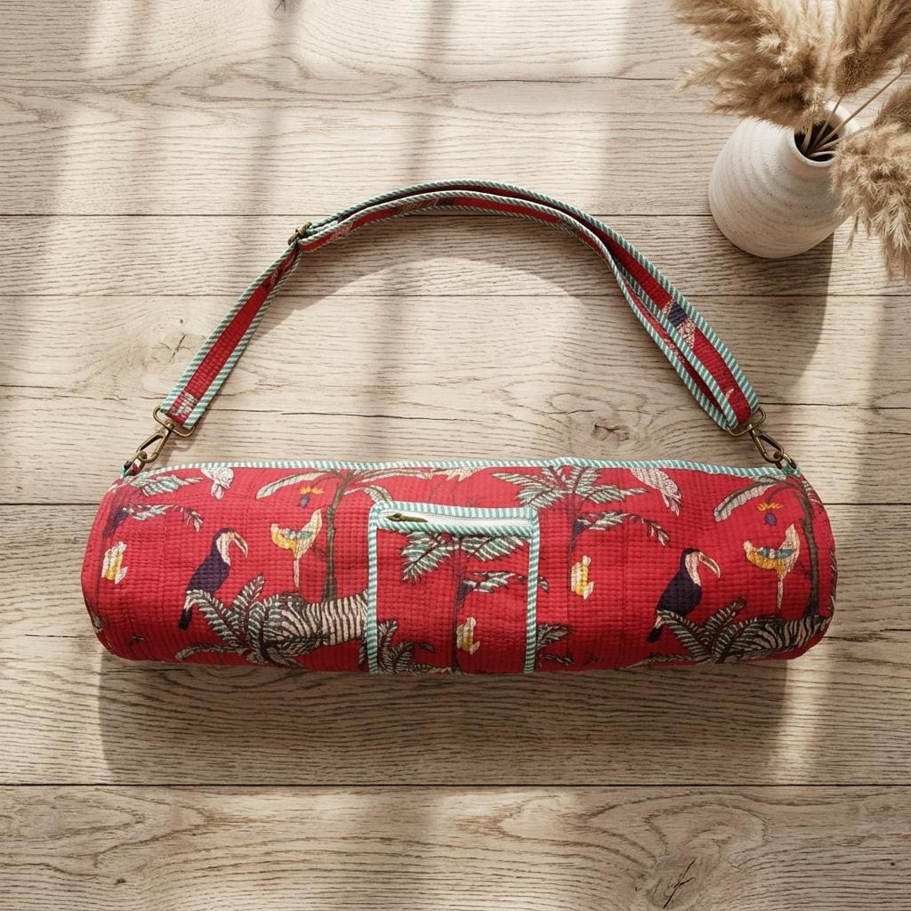Quilted Cotton Yoga Mat Bag, Red Tropical Bird Print, Crossbody Sling Holder