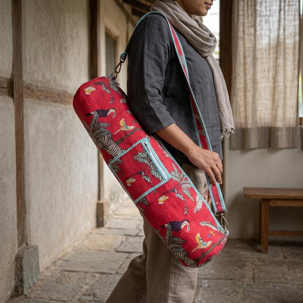 Quilted Cotton Yoga Mat Bag, Red Tropical Bird Print, Crossbody Sling Holder