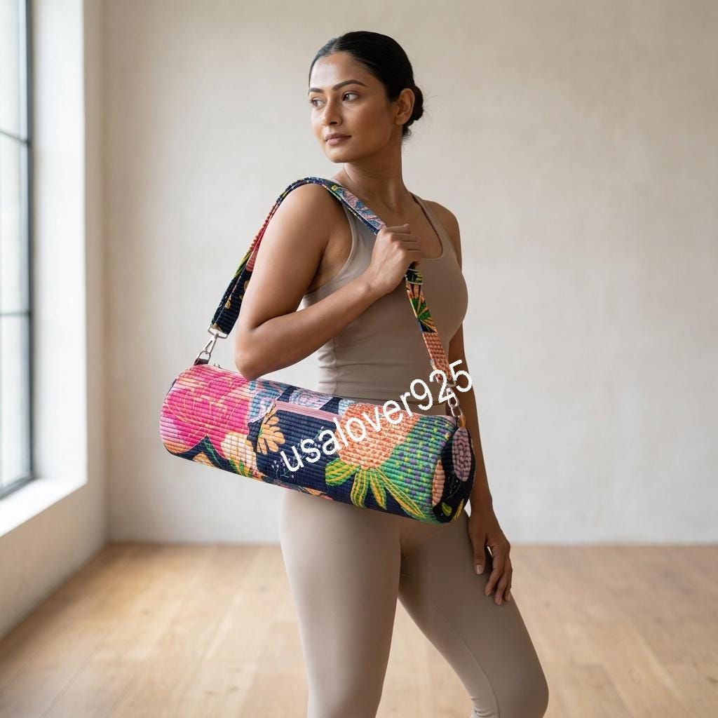 Handmade Quilted Cotton Yoga Mat Bag, Black Pink Floral Carrier, Crossbody Zipper Mat Holder