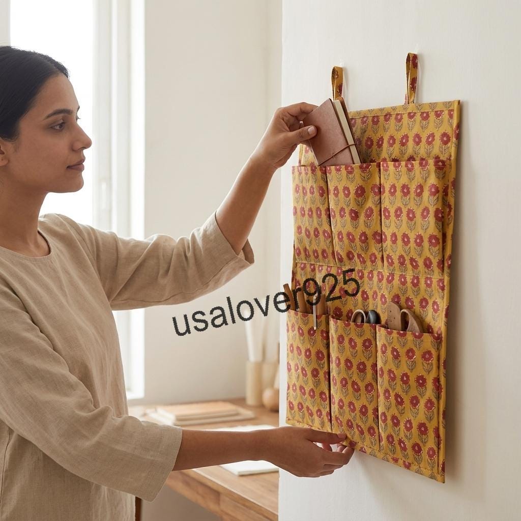 Handmade Cotton Hanging Wall Organizer, Yellow Floral 6 Pocket Storage Hanger, Door Organizer