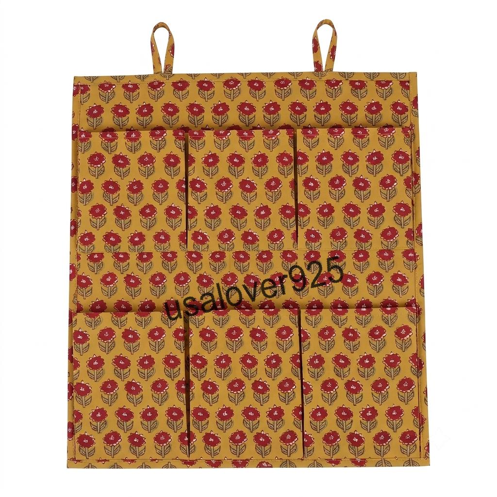 Handmade Cotton Hanging Wall Organizer, Yellow Floral 6 Pocket Storage Hanger, Door Organizer