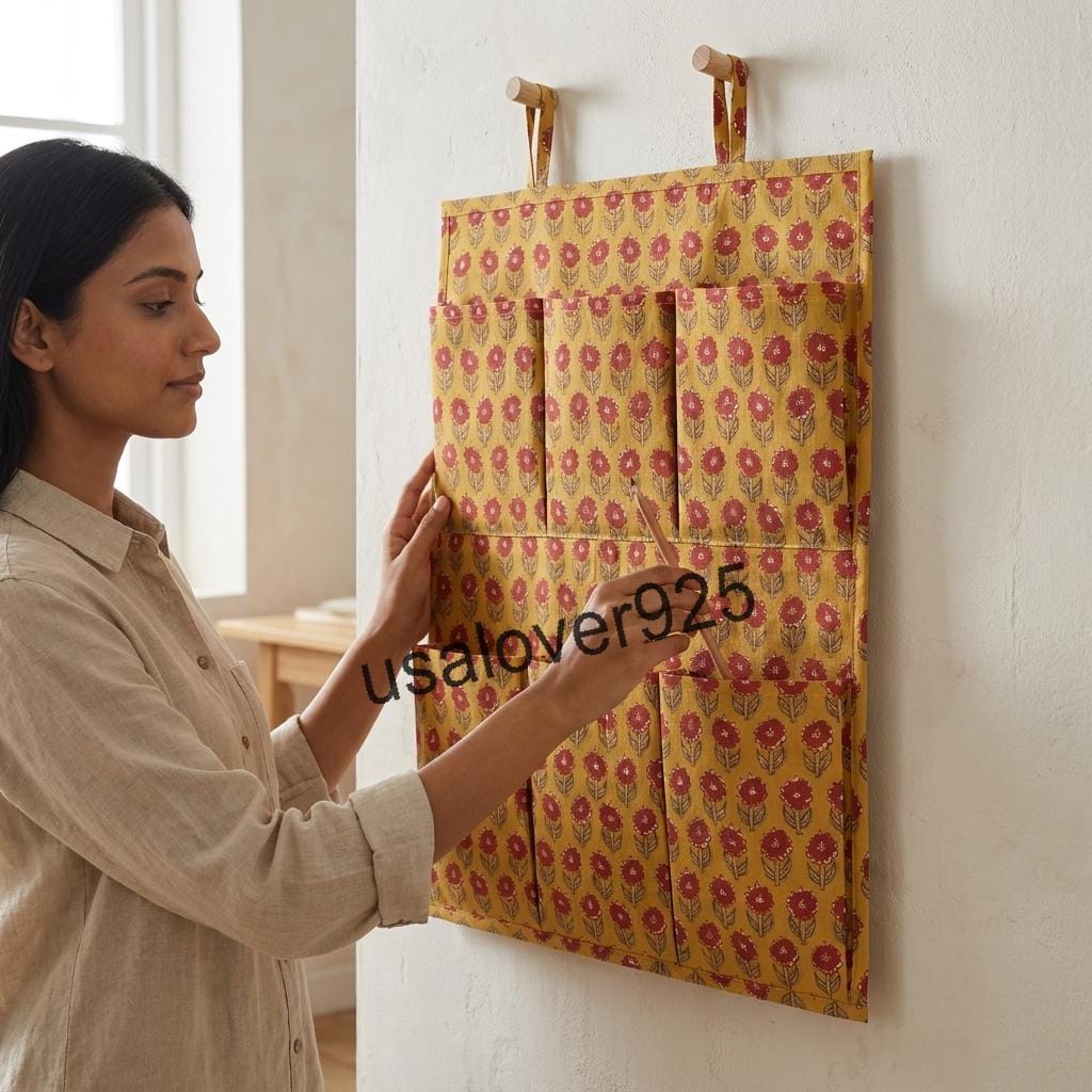 Handmade Cotton Hanging Wall Organizer, Yellow Floral 6 Pocket Storage Hanger, Door Organizer
