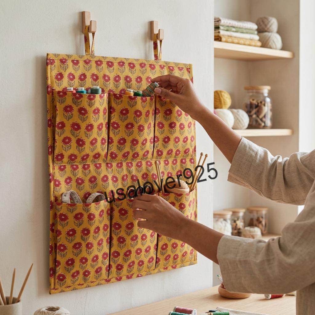 Handmade Cotton Hanging Wall Organizer, Yellow Floral 6 Pocket Storage Hanger, Door Organizer