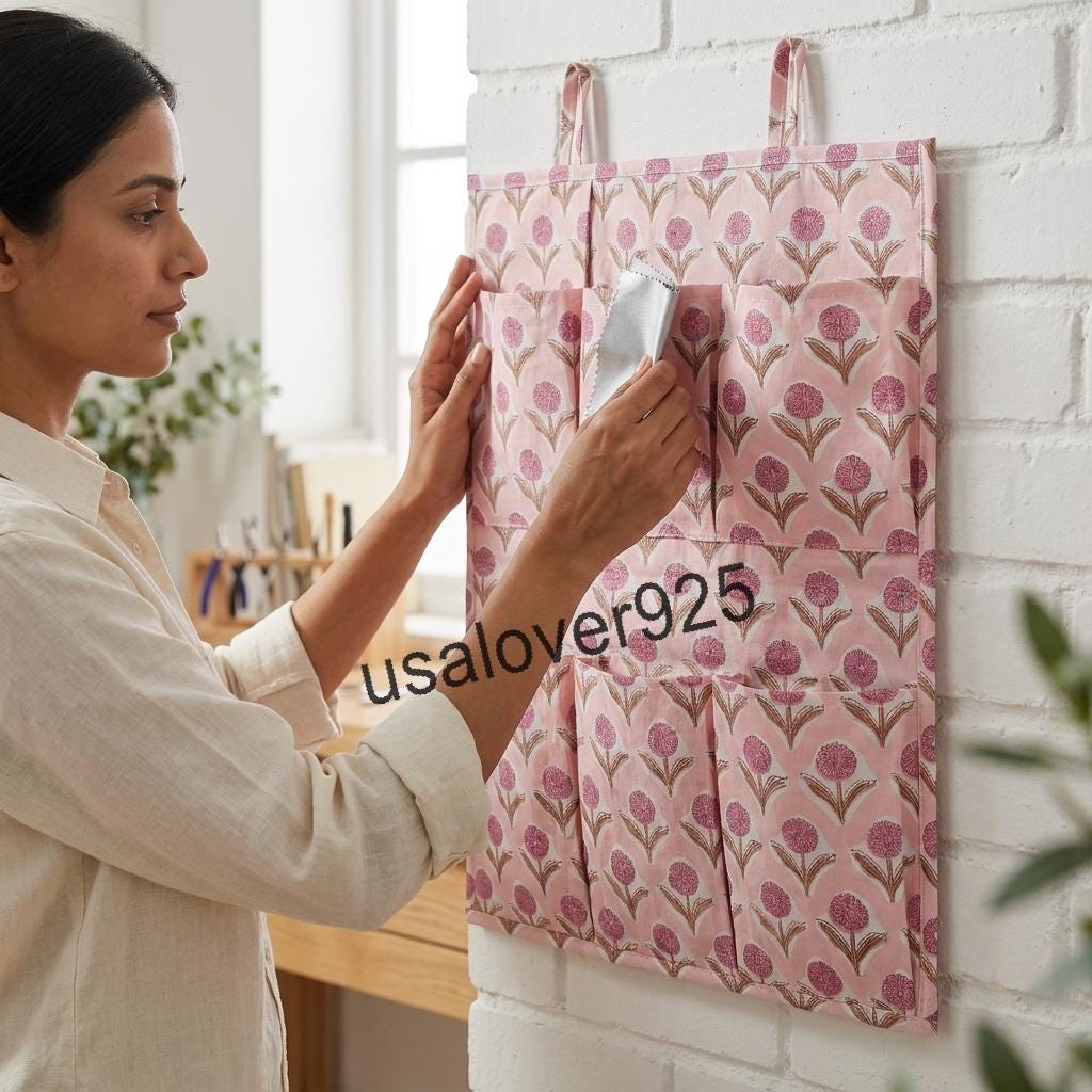 Quilted Cotton Hanging Wall Organizer, Pink Floral Pocket Storage, Door Organizer with 6 Pockets