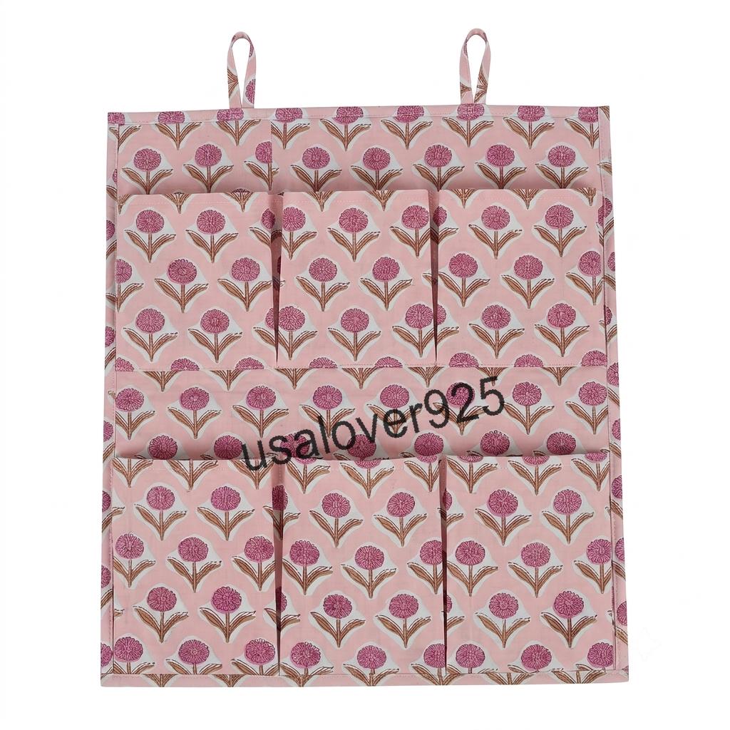Quilted Cotton Hanging Wall Organizer, Pink Floral Pocket Storage, Door Organizer with 6 Pockets