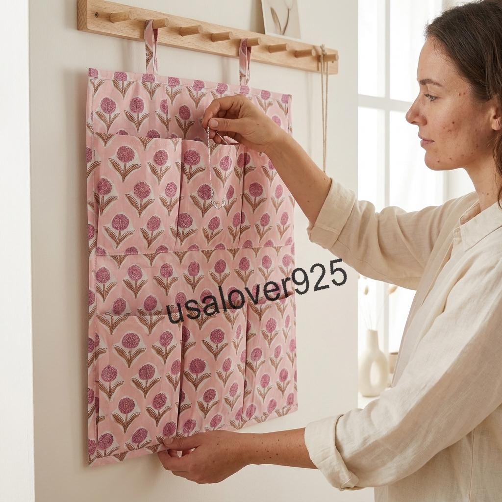 Quilted Cotton Hanging Wall Organizer, Pink Floral Pocket Storage, Door Organizer with 6 Pockets