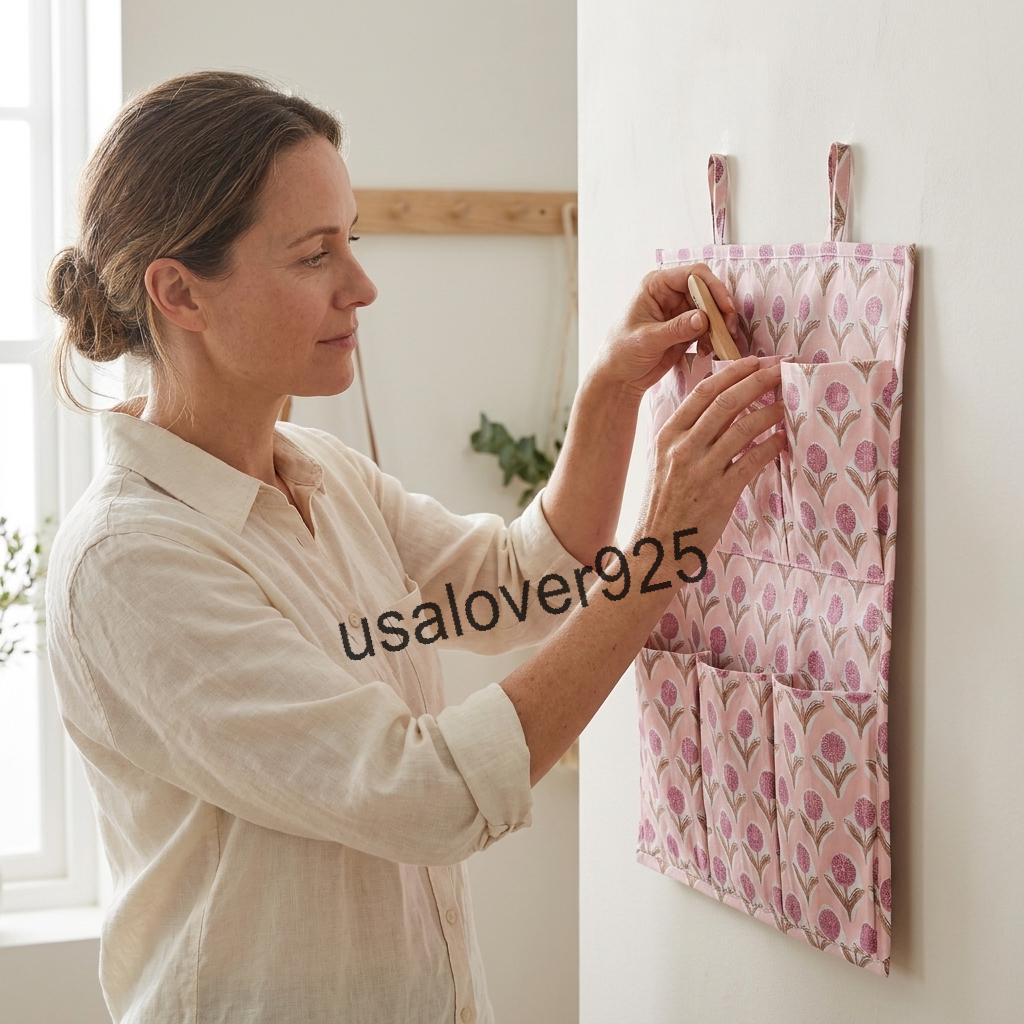 Quilted Cotton Hanging Wall Organizer, Pink Floral Pocket Storage, Door Organizer with 6 Pockets