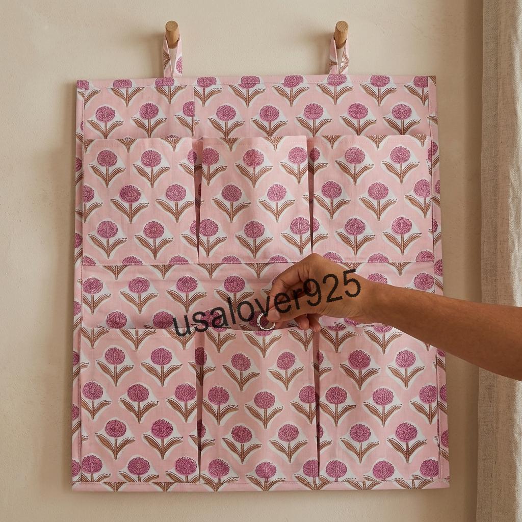 Quilted Cotton Hanging Wall Organizer, Pink Floral Pocket Storage, Door Organizer with 6 Pockets