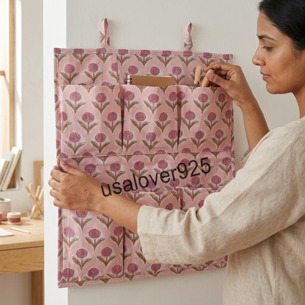 Quilted Cotton Hanging Wall Organizer, Pink Floral Pocket Storage, Door Organizer with 6 Pockets