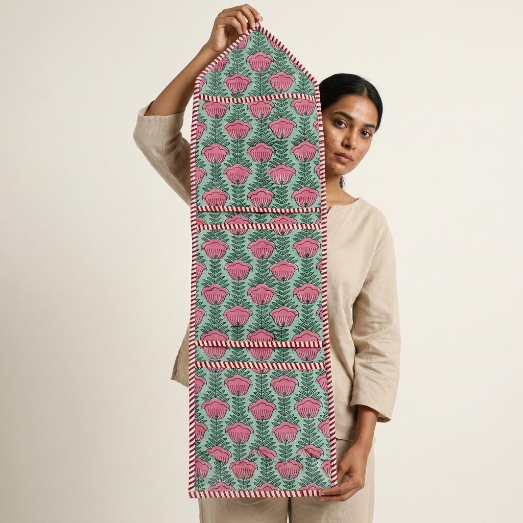 Handmade Quilted Cotton Wall Organizer, Green Floral Pocket Holder, Hanging Mail Storage, Home Decor