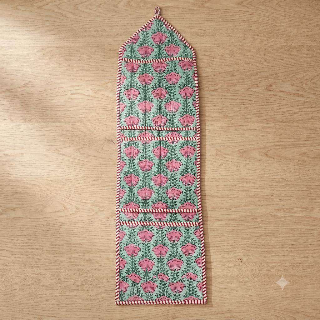 Handmade Quilted Cotton Wall Organizer, Green Floral Pocket Holder, Hanging Mail Storage, Home Decor