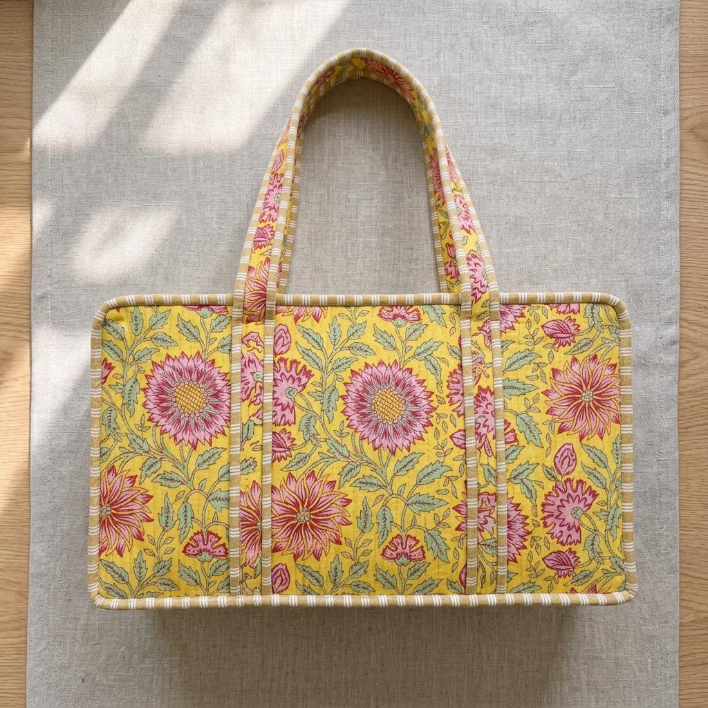 Handmade Quilted Cotton Mahjong Bag, Yellow Floral Tile Carrier, Game Night Tote
