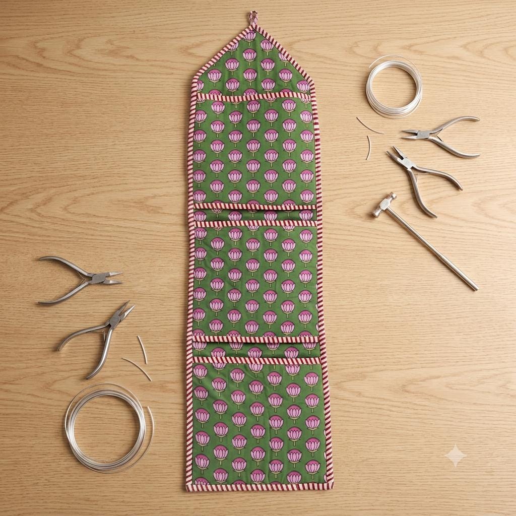 Handmade Quilted Cotton Hanging Wall Organizer Green Pink Lotus Floral Pocket Storage Hanger