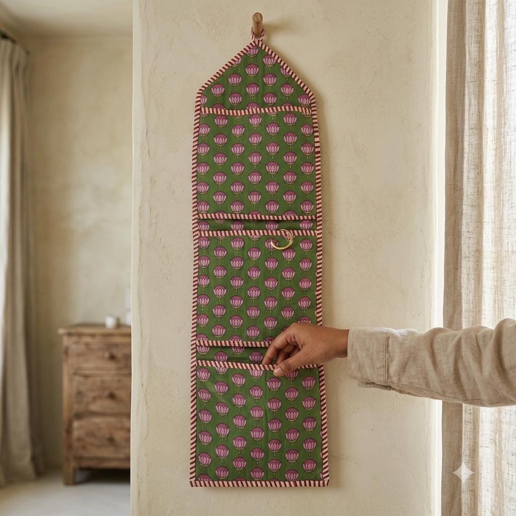 Handmade Quilted Cotton Hanging Wall Organizer Green Pink Lotus Floral Pocket Storage Hanger