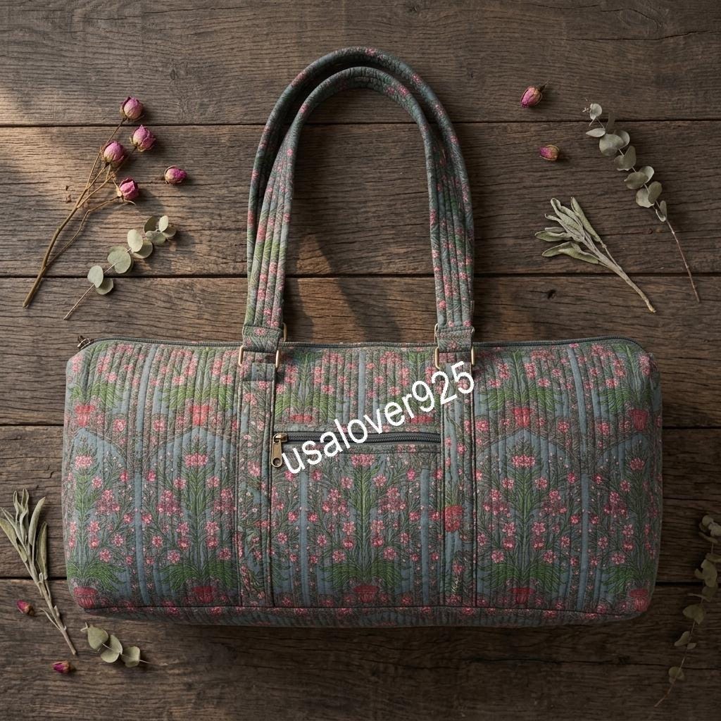 Quilted Cotton Travel Duffle Bag, Grey Blue Pink Floral Block Print Carryall, Weekend Tote