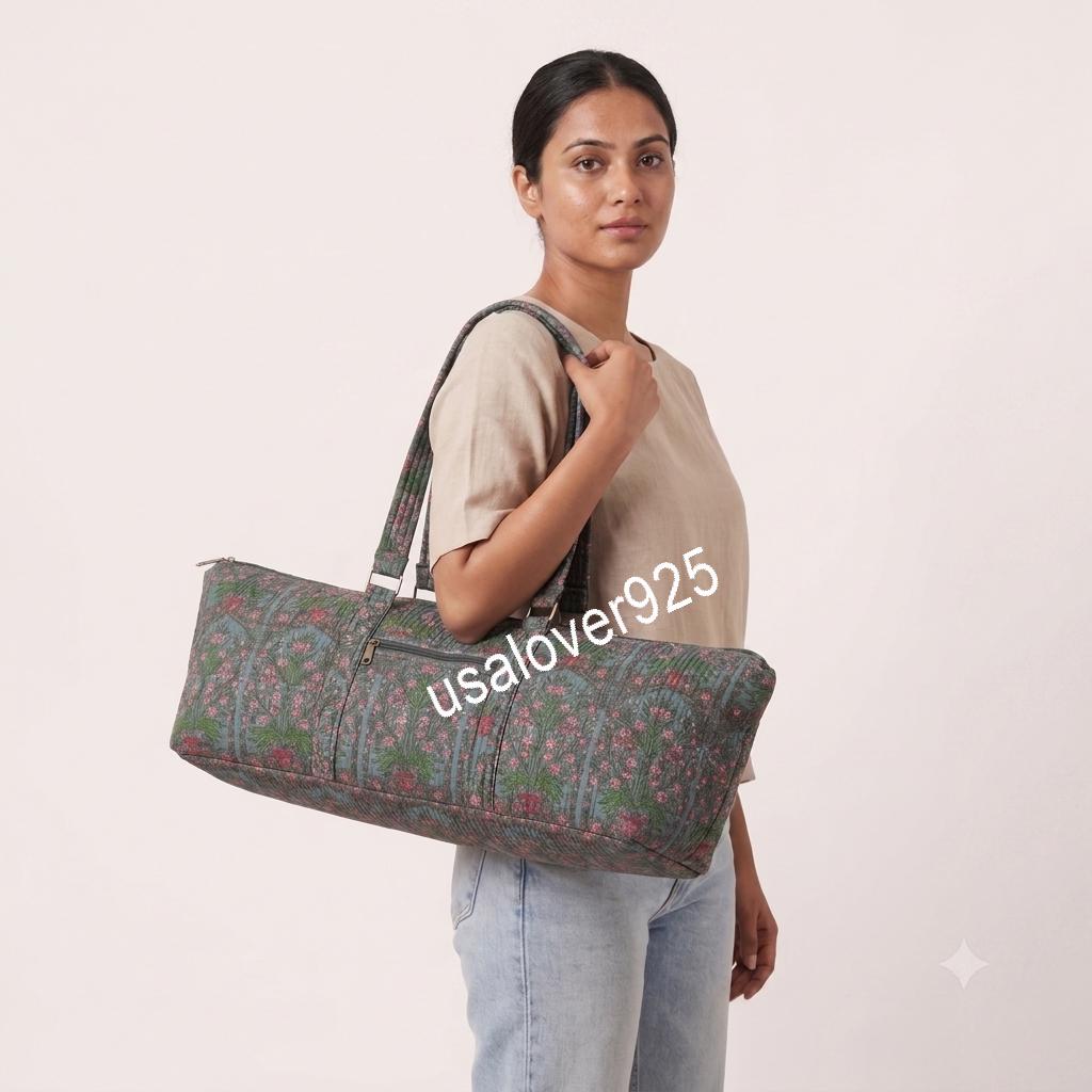 Quilted Cotton Travel Duffle Bag, Grey Blue Pink Floral Block Print Carryall, Weekend Tote