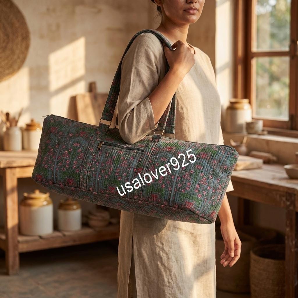 Quilted Cotton Travel Duffle Bag, Grey Blue Pink Floral Block Print Carryall, Weekend Tote