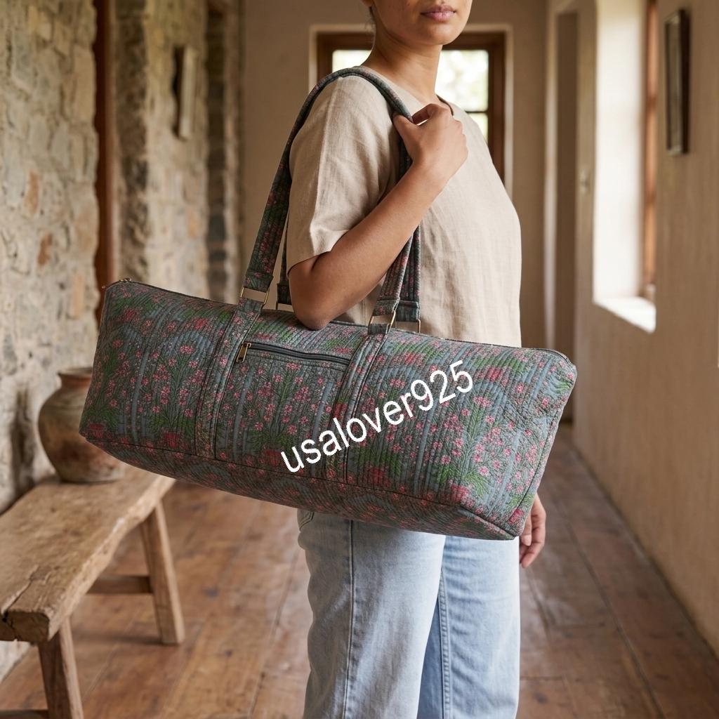 Quilted Cotton Travel Duffle Bag, Grey Blue Pink Floral Block Print Carryall, Weekend Tote