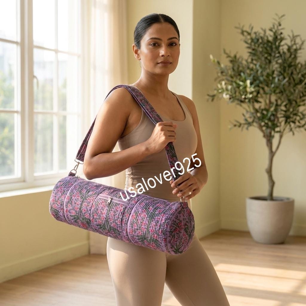 Handmade Quilted Cotton Yoga Mat Bag, Purple Pink Floral Carrier, Crossbody Zipper Mat Holder