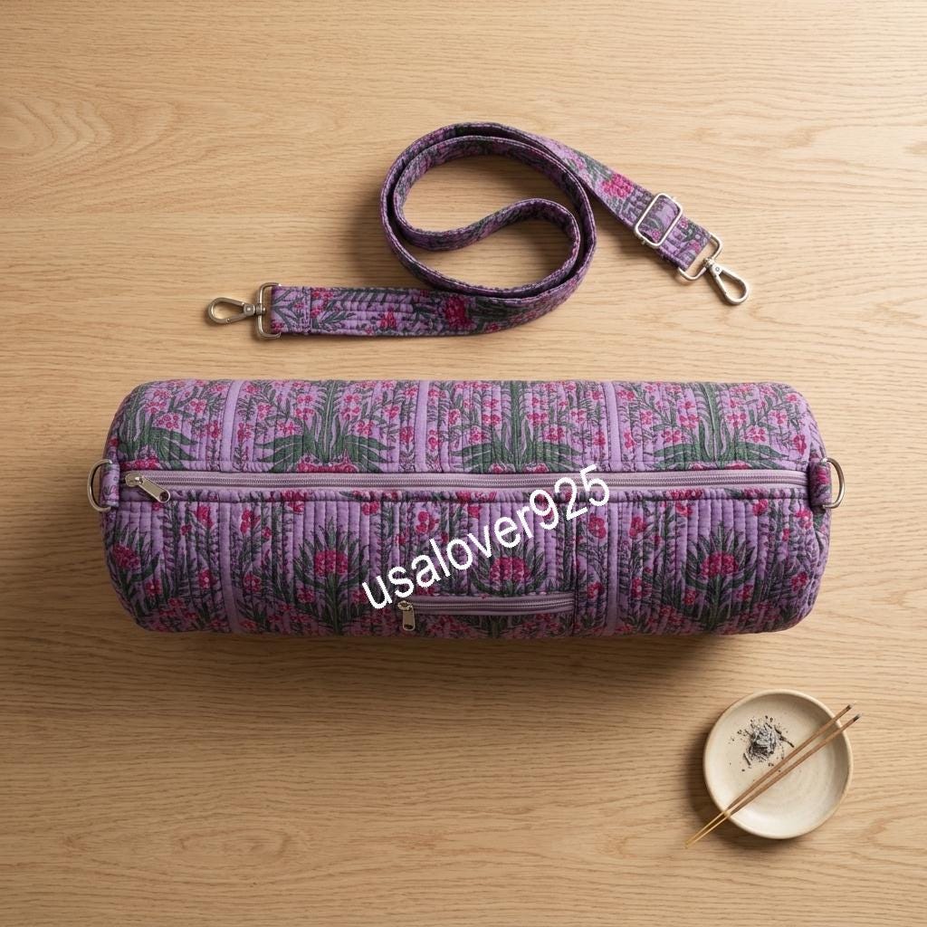 Handmade Quilted Cotton Yoga Mat Bag, Purple Pink Floral Carrier, Crossbody Zipper Mat Holder