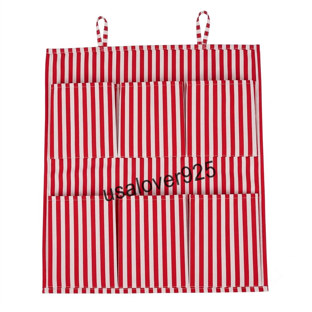 Handmade Cotton Hanging Wall Organizer, Red White Striped 6 Pocket Door Storage Organizer