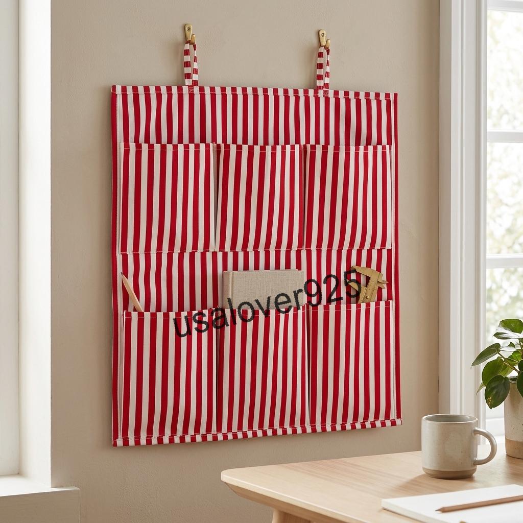 Handmade Cotton Hanging Wall Organizer, Red White Striped 6 Pocket Door Storage Organizer