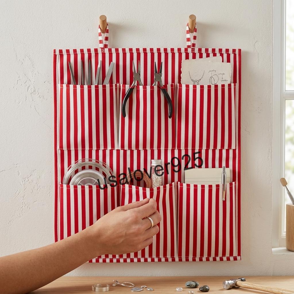 Handmade Cotton Hanging Wall Organizer, Red White Striped 6 Pocket Door Storage Organizer