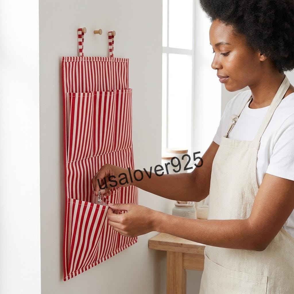 Handmade Cotton Hanging Wall Organizer, Red White Striped 6 Pocket Door Storage Organizer
