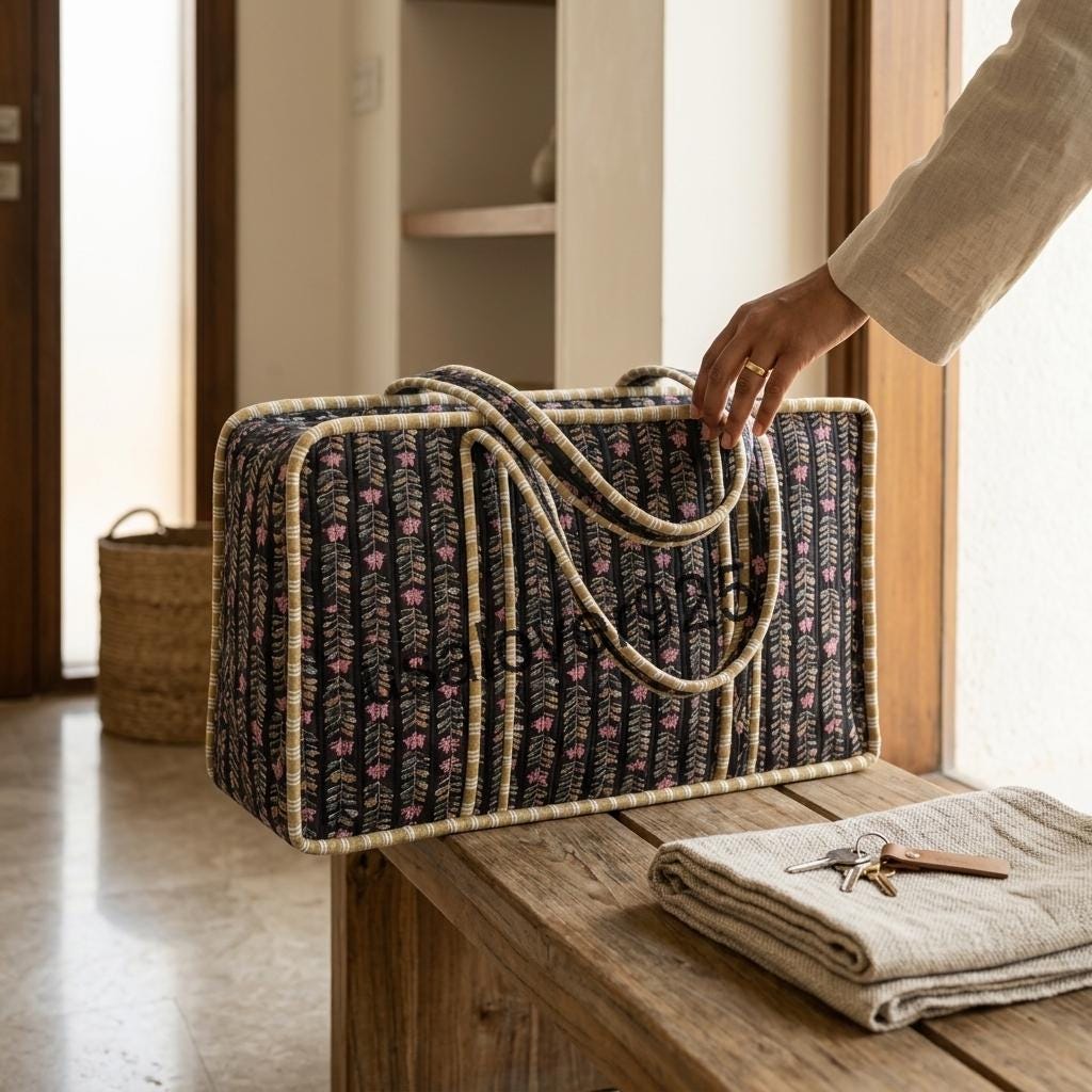 Handmade Quilted Cotton Mahjong Bag, Black Floral Game Tile Storage Tote, Travel Carryall Organizer