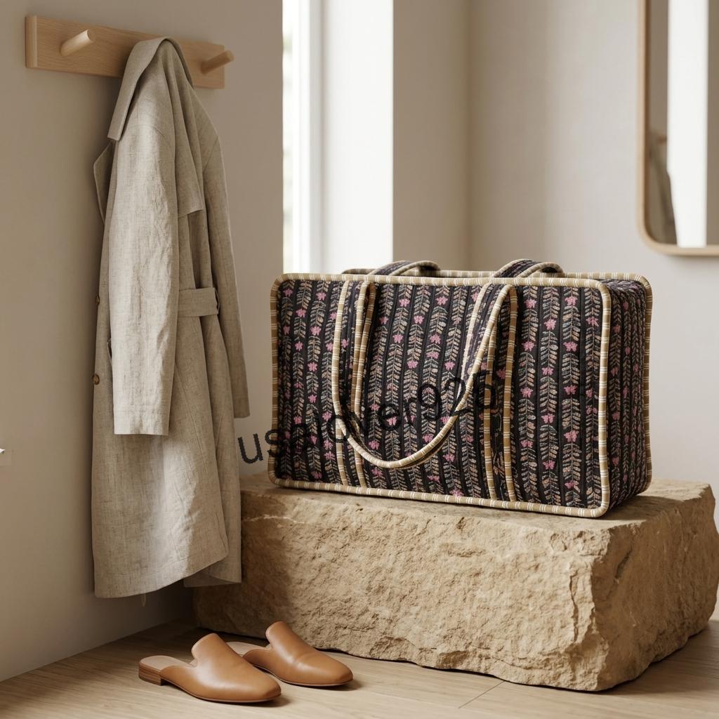 Handmade Quilted Cotton Mahjong Bag, Black Floral Game Tile Storage Tote, Travel Carryall Organizer