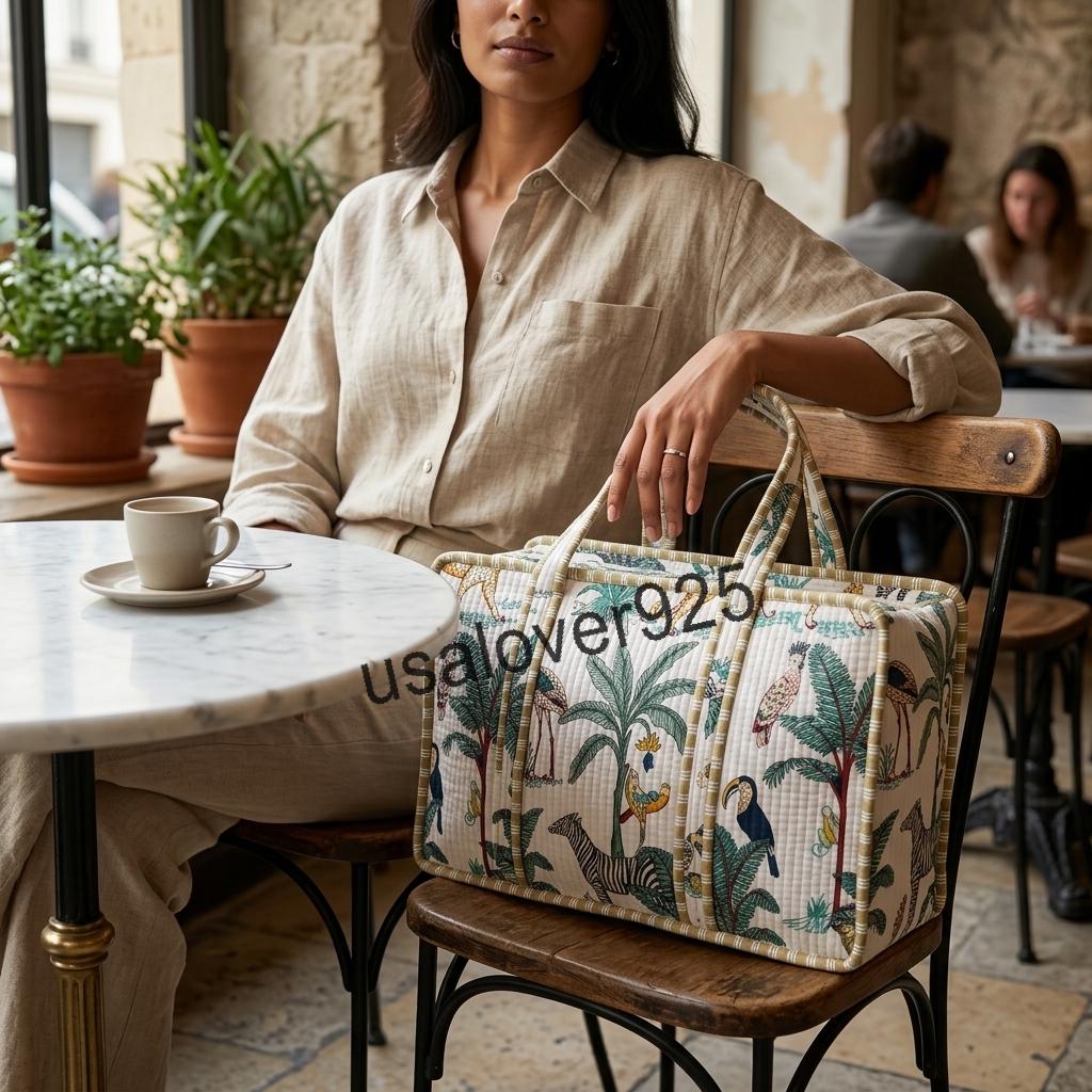 Handmade Quilted Cotton Mahjong Bag, Tropical Safari Animal Print Game Tile Storage Travel Tote
