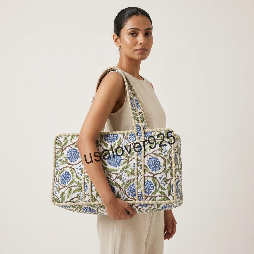 Handmade Quilted Cotton Mahjong Bag, Blue Floral Game Tile Storage Tote, Travel Carryall Organizer