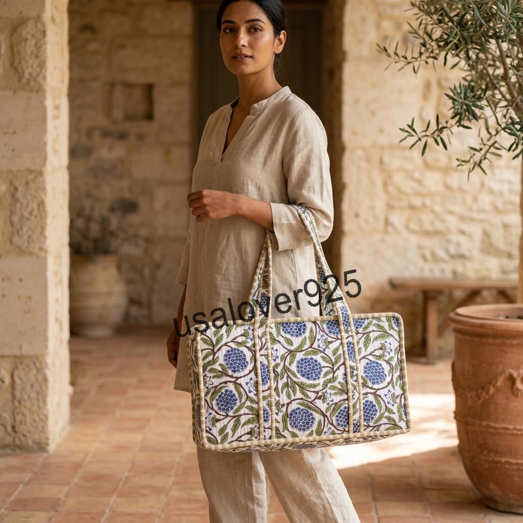 Handmade Quilted Cotton Mahjong Bag, Blue Floral Game Tile Storage Tote, Travel Carryall Organizer
