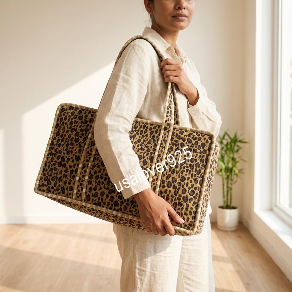 Handmade Quilted Cotton Mahjong Bag, Leopard Print Game Tile Storage Tote, Travel Carryall Organizer