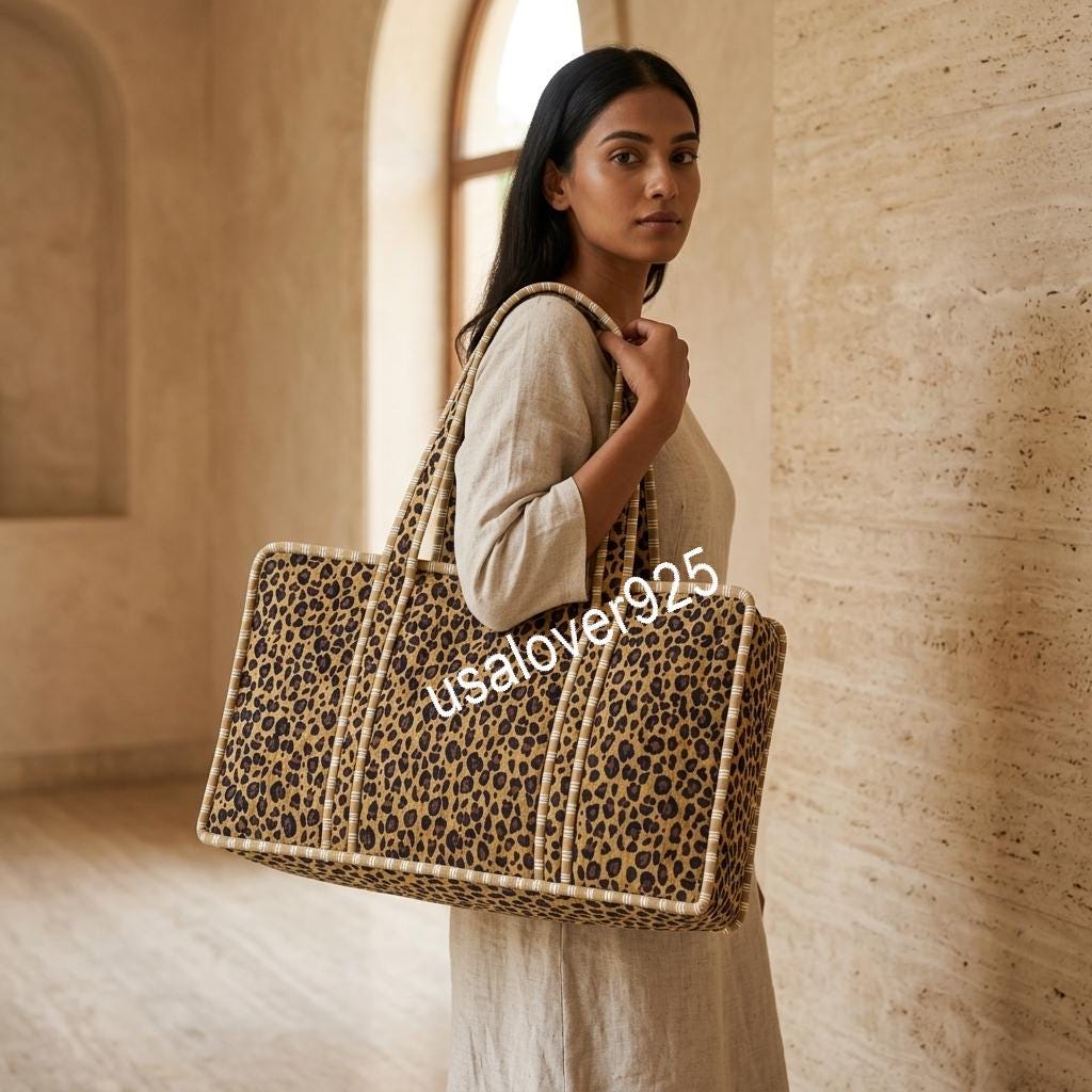 Handmade Quilted Cotton Mahjong Bag, Leopard Print Game Tile Storage Tote, Travel Carryall Organizer