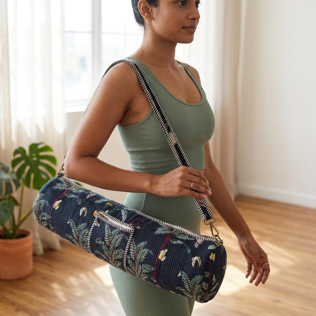 Quilted Cotton Yoga Mat Bag, Navy Tropical Bird Print, Crossbody Sling Carrier