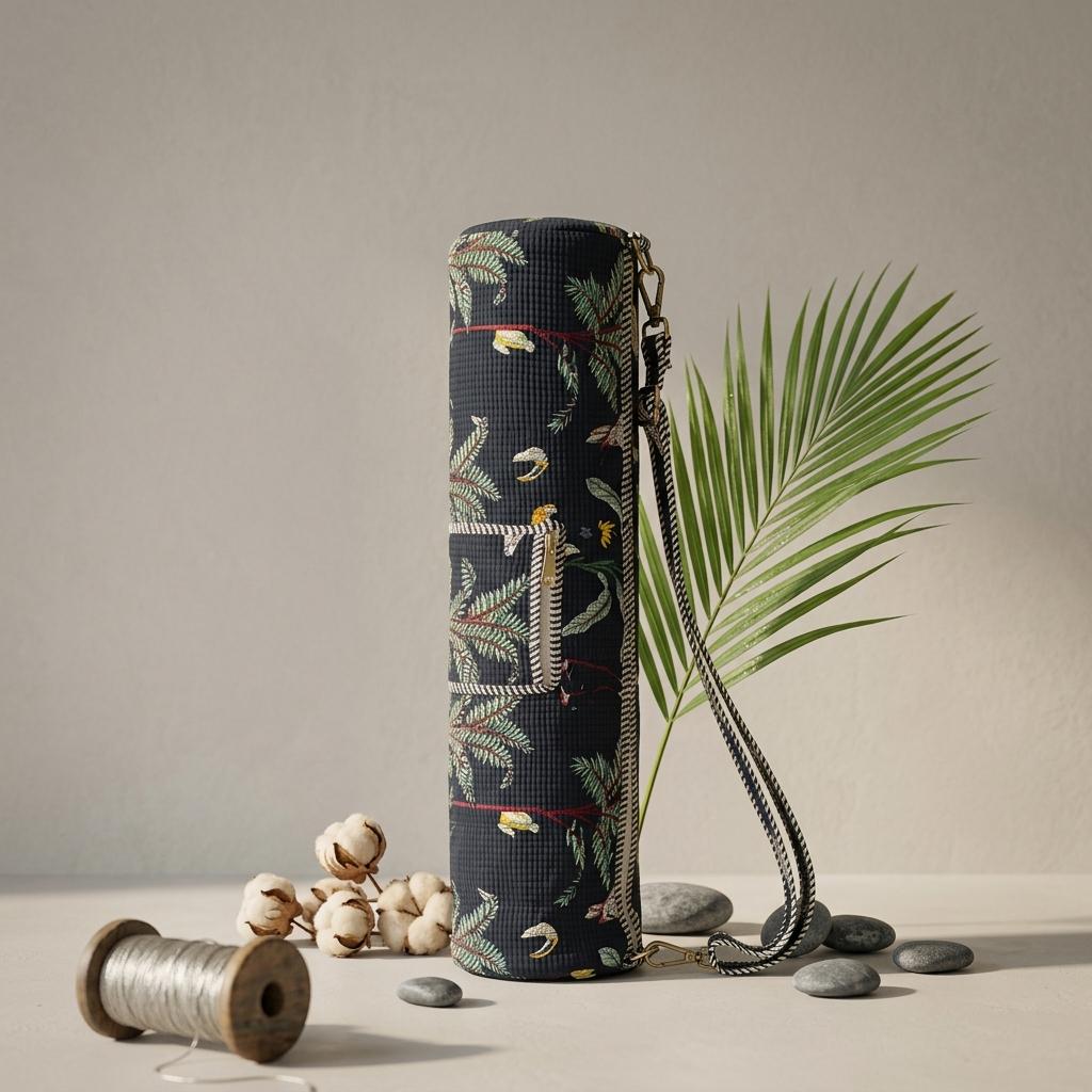 Quilted Cotton Yoga Mat Bag, Navy Tropical Bird Print, Crossbody Sling Carrier