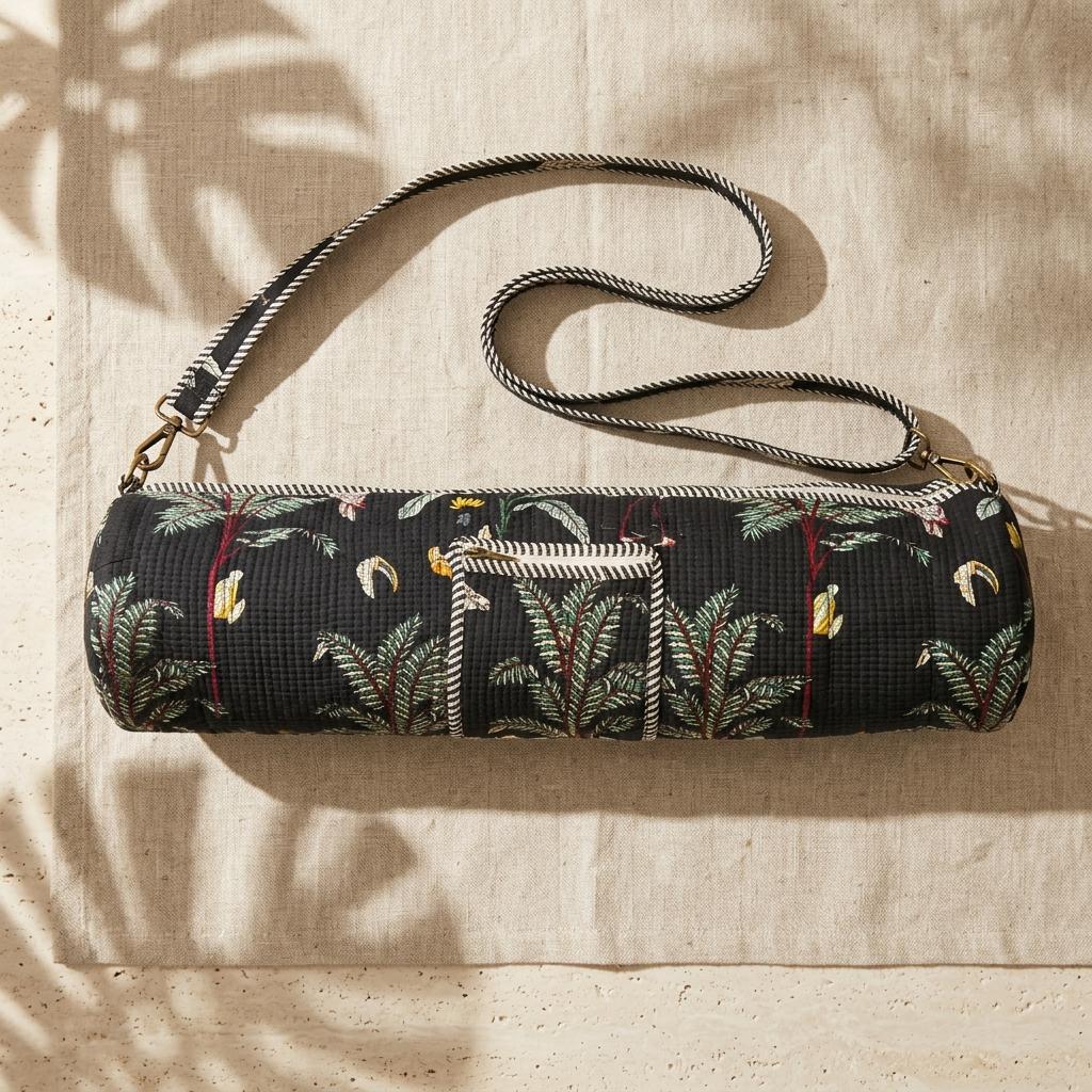 Quilted Cotton Yoga Mat Bag, Navy Tropical Bird Print, Crossbody Sling Carrier