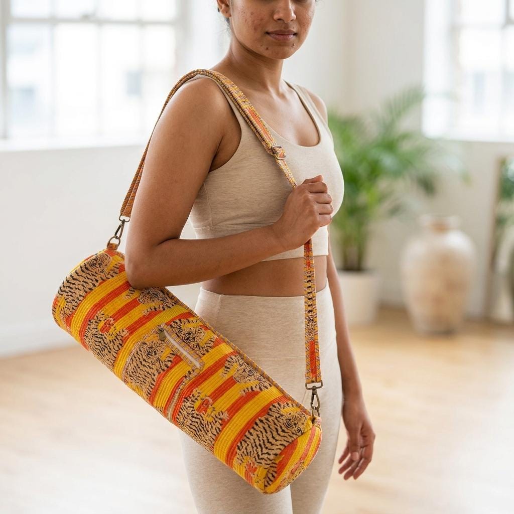 Quilted Cotton Yoga Mat Bag, Yellow Tiger Stripe Carrier, Crossbody Sling, Zipper Pocket